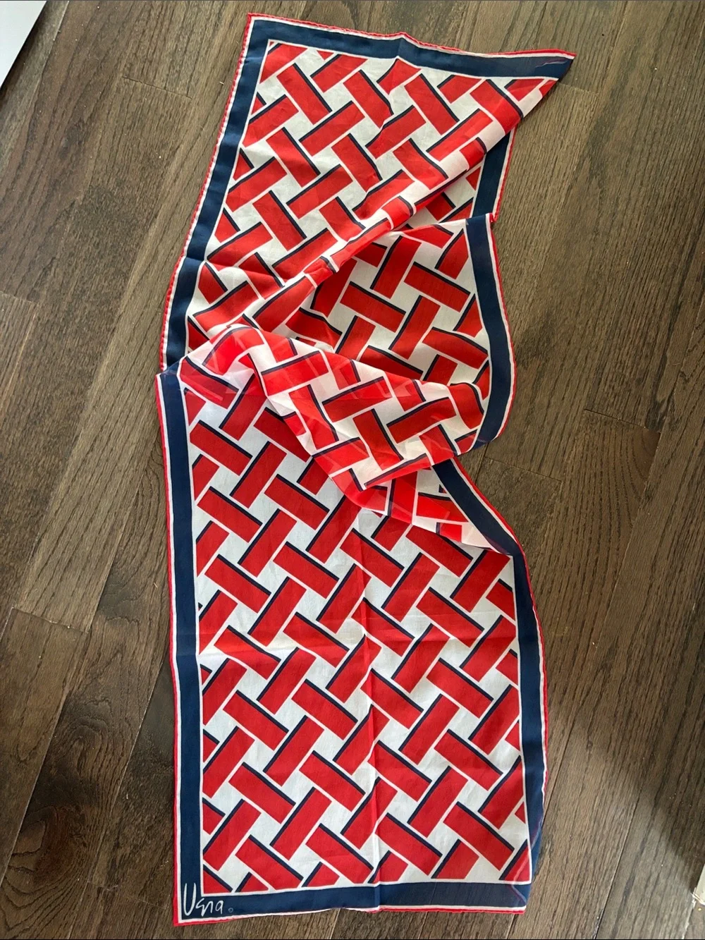 Vintage Vera silk blend? scarf, 15x44”, red/white/blue woven pattern
